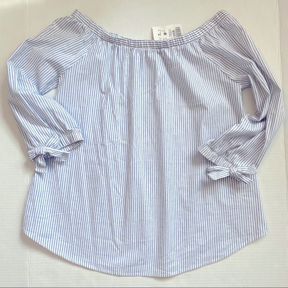 Potters Pot - women’s striped off shoulder top with tie at wrist. Size medium - Picture 2 of 11